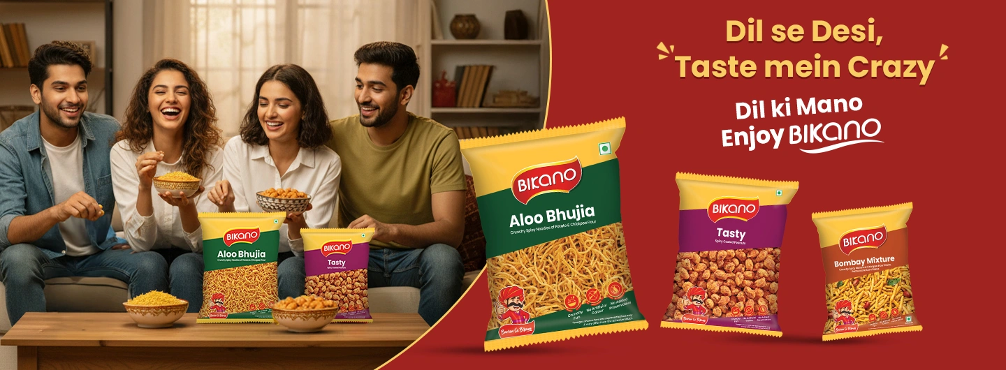 A family enjoying Bikano Aloo Bhujia, Tasty and Bombay Mixture together