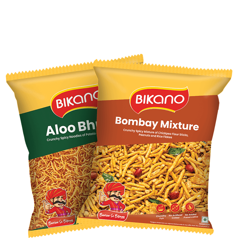 Bikano namkeen — Aloo Bhujia and Bombay Mixture packs